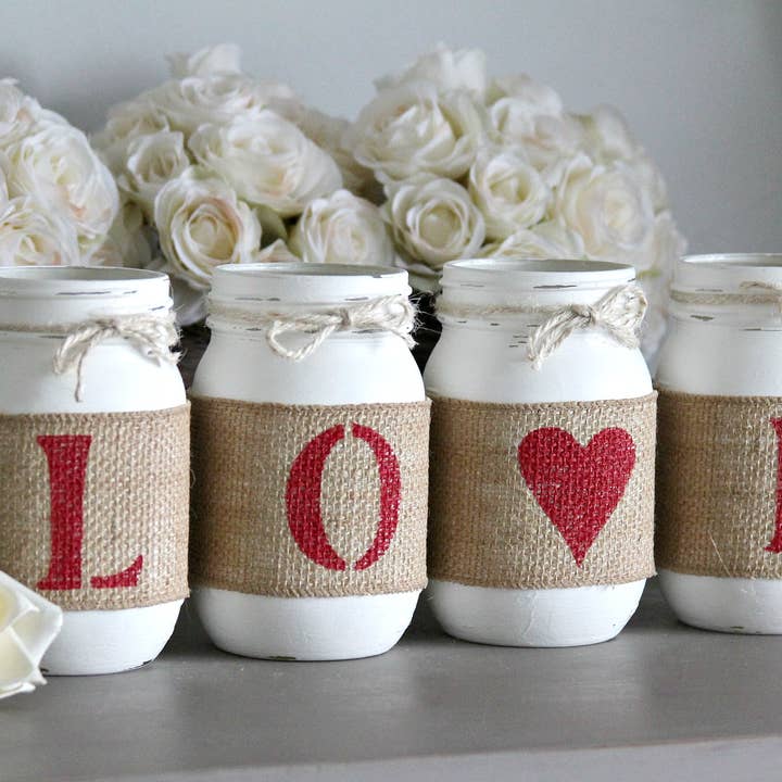 Valentine's Day Home Decor - 4 Painted Jars Red/White - LOVE for wholesale by Jarful House