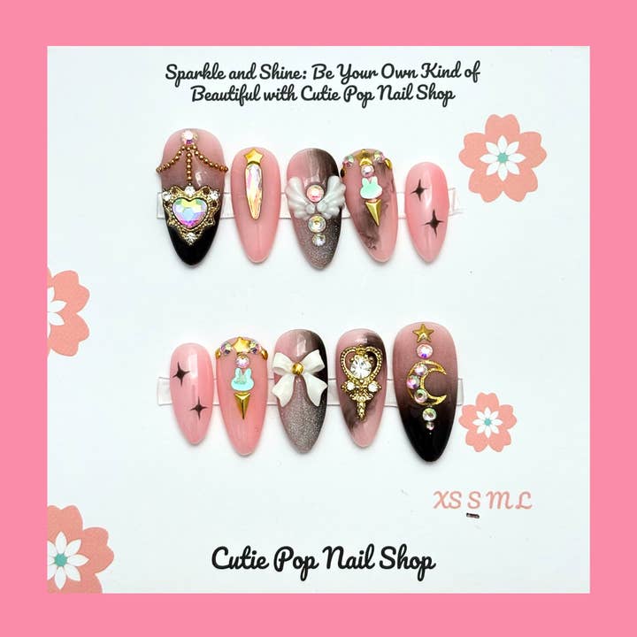 Ongles Pressés Princesse Moon – Design de Luxe Rose Noir pour la vente par Cutie Pop Nail Shop
