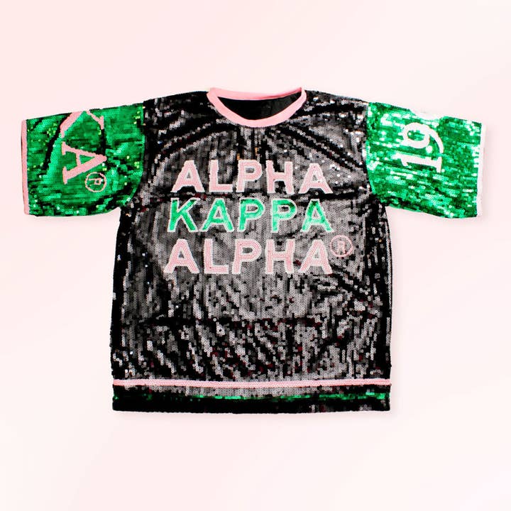Pink and Green Alpha Kappa Alpha Black Sequin Jersey Shirt for wholesale on Faire