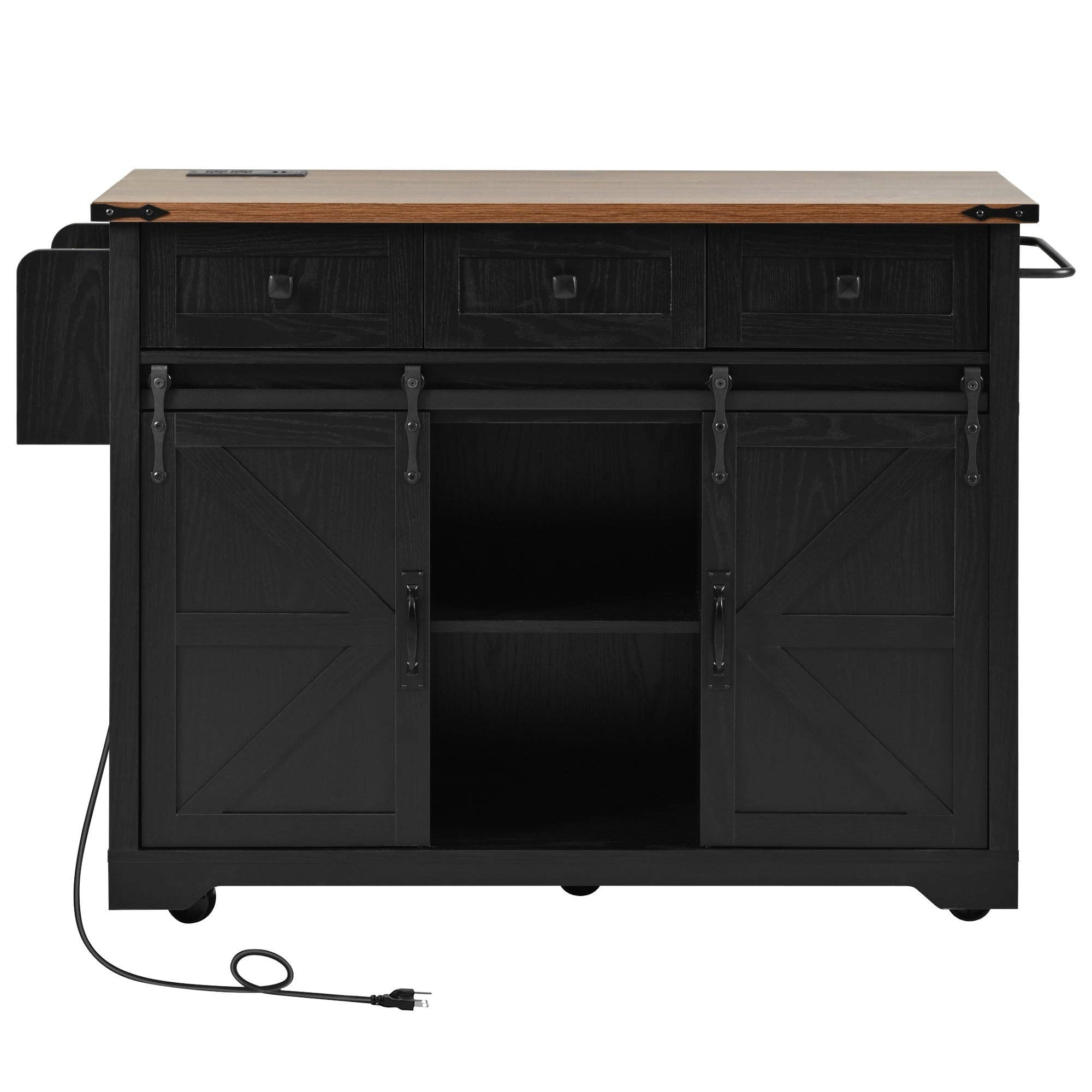 Orange County Decor - Wholesale Kitchen Storage/Organizer - K&K 53.7" Farmhouse Kitchen Island With Power Outlet, 2 Sliding Barn Door Kitchen Storage Island With Drop Leaf, Spice Rack Rolling Kitchen Cart On Wheels, For Home, Kitchen And Dining Room, Black24