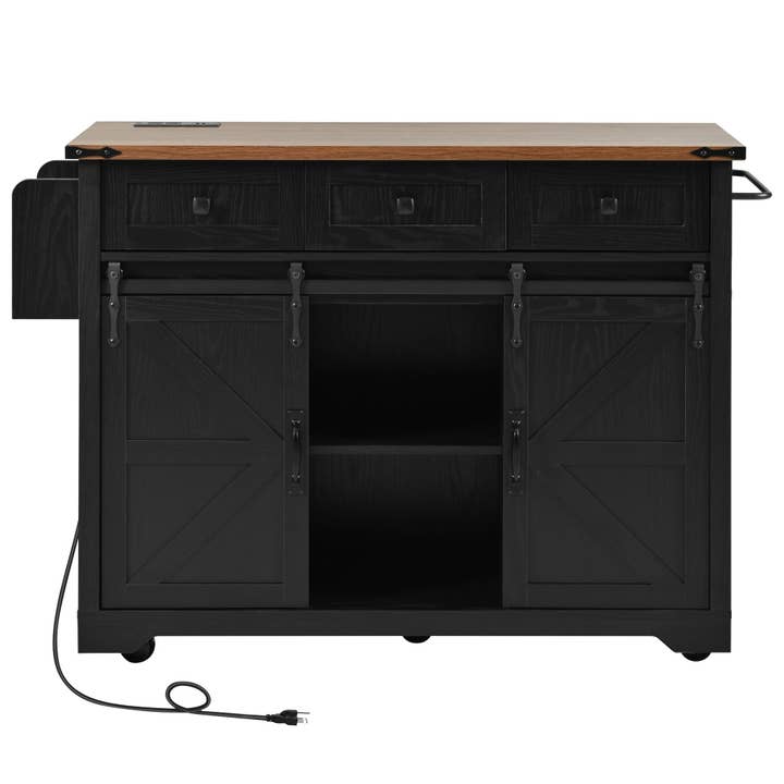 Orange County Decor - Wholesale Kitchen Storage/Organizer - K&K 53.7" Farmhouse Kitchen Island With Power Outlet, 2 Sliding Barn Door Kitchen Storage Island With Drop Leaf, Spice Rack Rolling Kitchen Cart On Wheels, For Home, Kitchen And Dining Room, Black24