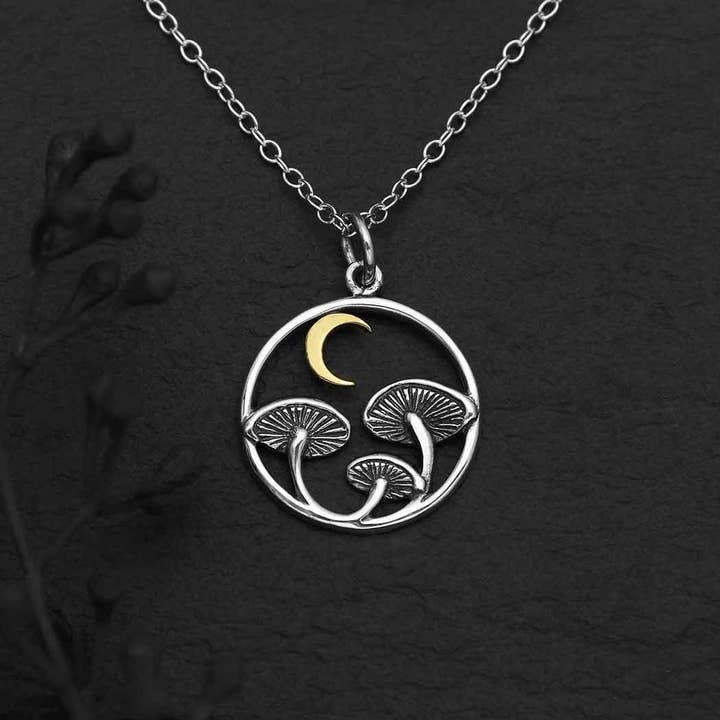 Sterling Silver Mushroom Necklace with Bronze Moon for wholesale by Nina Designs