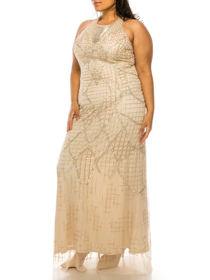 CHAMPAGNE Aidan Mattox Crisscross Back Beaded Evening Gown for wholesale on Faire2