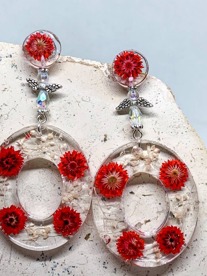 Red and White Oval Dangle Earrings for wholesale by Vivian Treasury