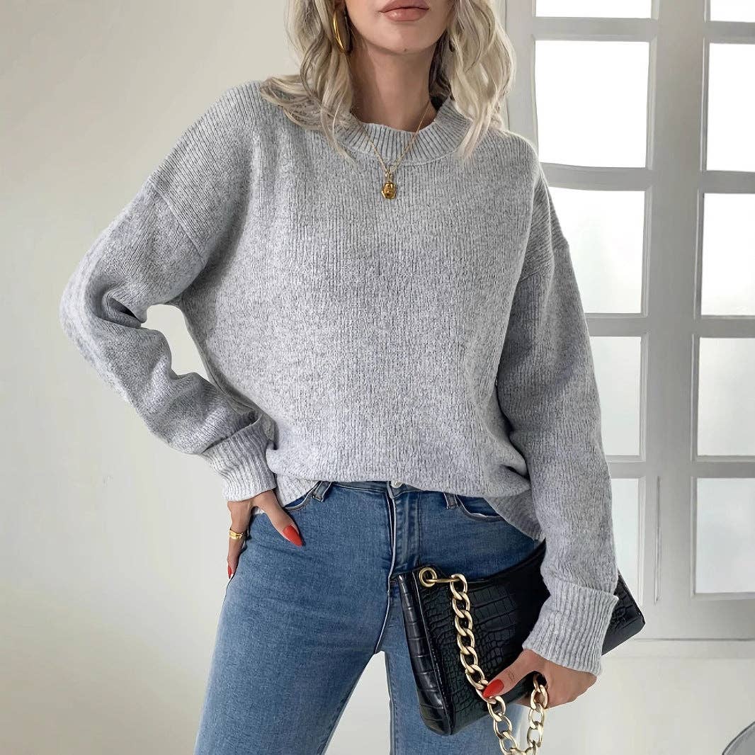 Gray Autumn Winter Casual Knit Round Neck Long Sleeve Sweater for wholesale on Faire3