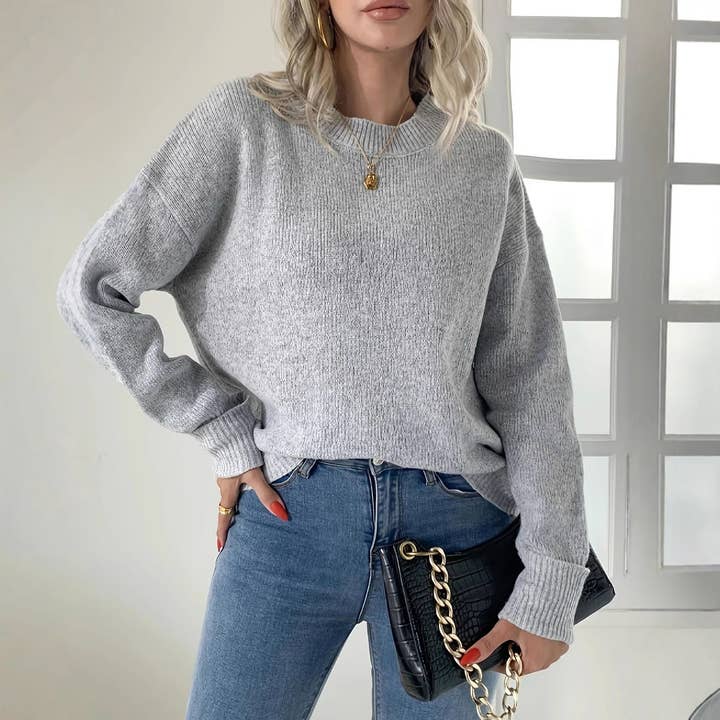 Gray Autumn Winter Casual Knit Round Neck Long Sleeve Sweater for wholesale on Faire3