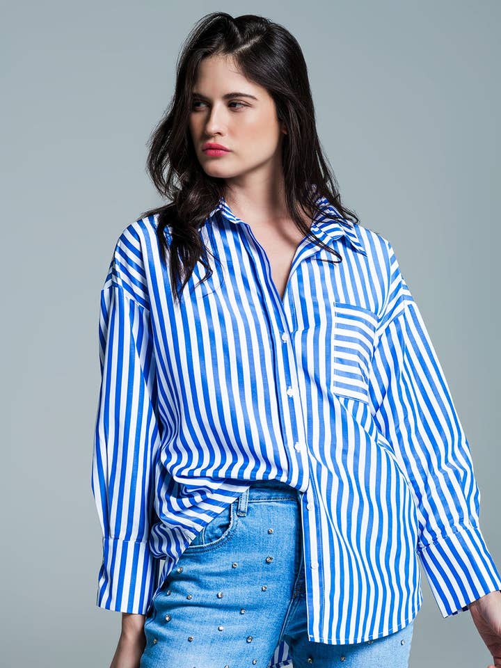 White oversized blouse with vertical stripes in blue and che for wholesale by Q2—All Orders:Free Duties for the US,UK,and Canada