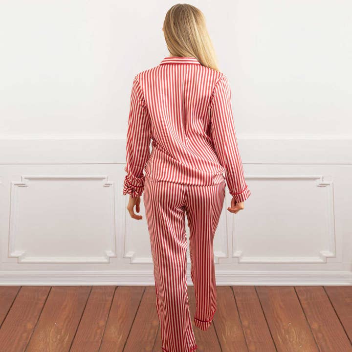 8 Oak Lane - Wholesale Sleepwear set – Women's - Red Stripe Satin Pant PJ Set1