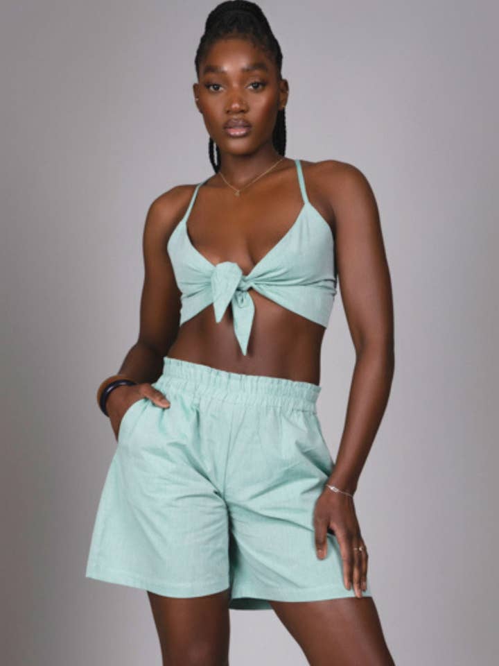 Linda ruffle waist shorts in organic Seafoam green for wholesale by Mayamiko