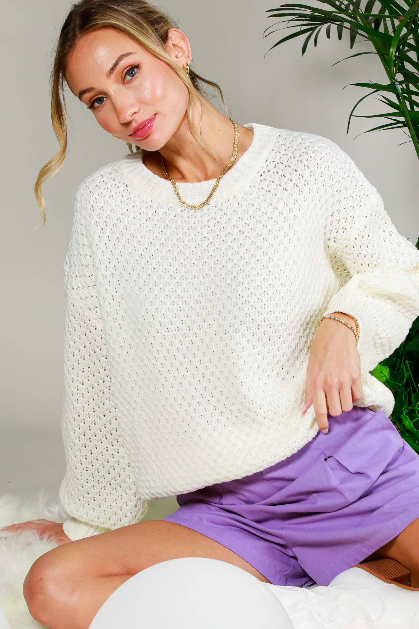 Vine & Love - Venta al por mayor Jersey de punto - Mujer - Suéter de punto gofre con cuello redondo y manga larga en forma de globo VT60523A19