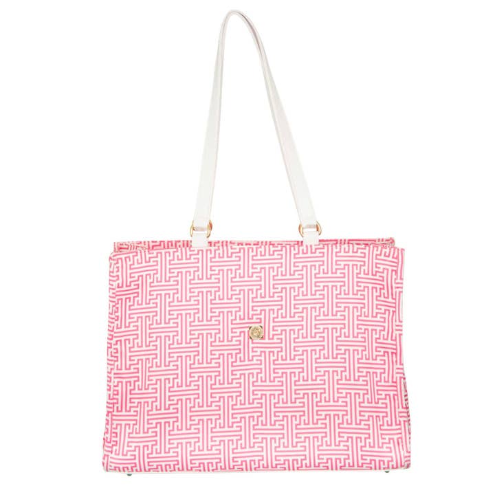 Oversized Tote with Multiple Pockets in Pink Greek Key for wholesale by Dress for Cocktails