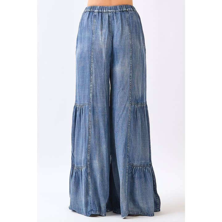 mittoshop - Wholesale Pants - Women's - WASHED CHAMBRAY TIERED WIDE LEG BUTTON FRONT PANTS8