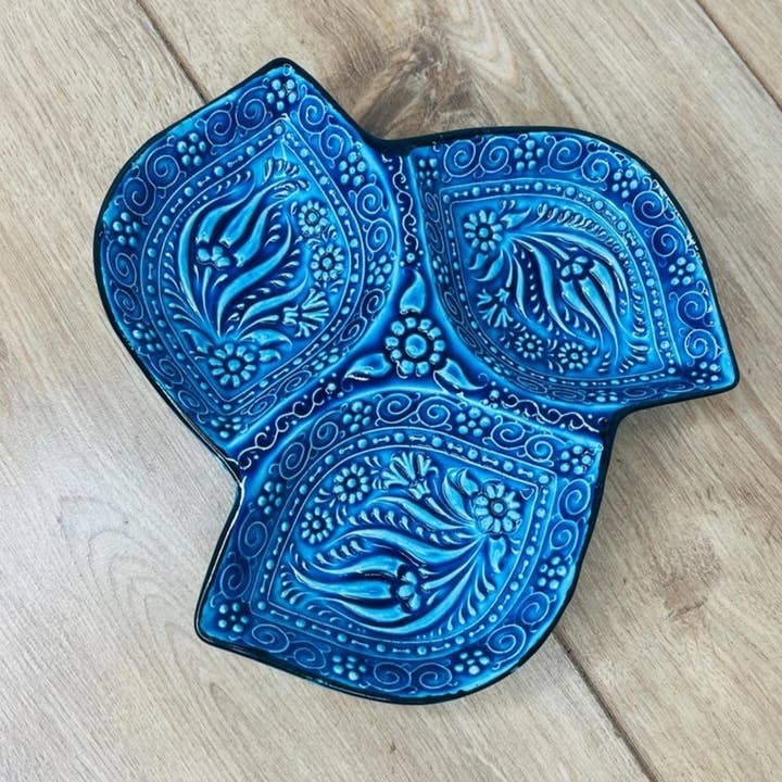 Hand-Embossed Turkish Ceramic Triple Dip Dish – 8.3” for wholesale by Mediterranean Collection