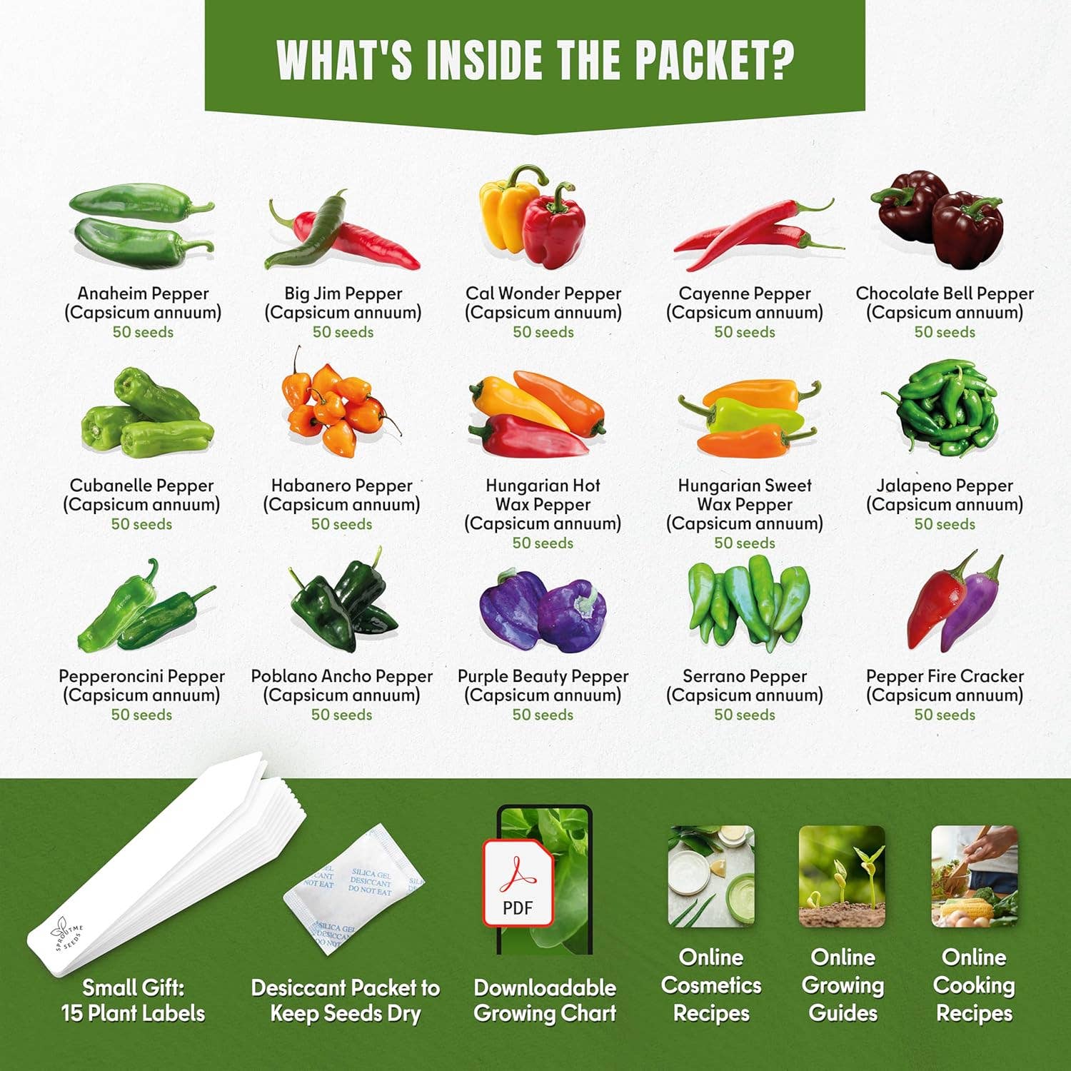 SproutMe Seeds - Wholesale Plant Seeds - 15 Sweet & Hot Pepper Seeds Vegetable Variety Pack Home Garden Kit Plant Markers 750+ Non-GMO Heirloom Indoor Hydroponic Outdoors Planting Cayenne Banana Habanero Jalapeno Cubanelle Bell Rare Peppers1