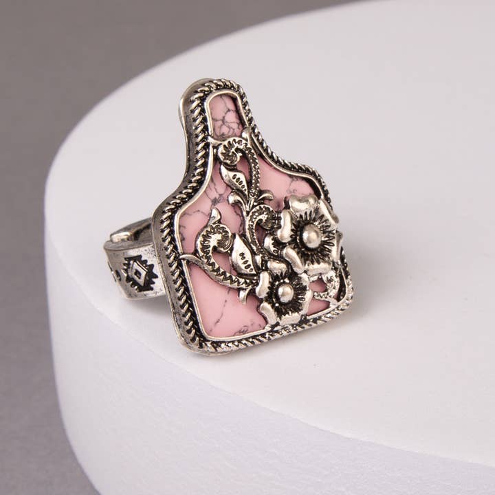 SP Sophia Collection - Wholesale Cocktail/Statement Ring - Western Floral Cattle Tag Stretch Ring2