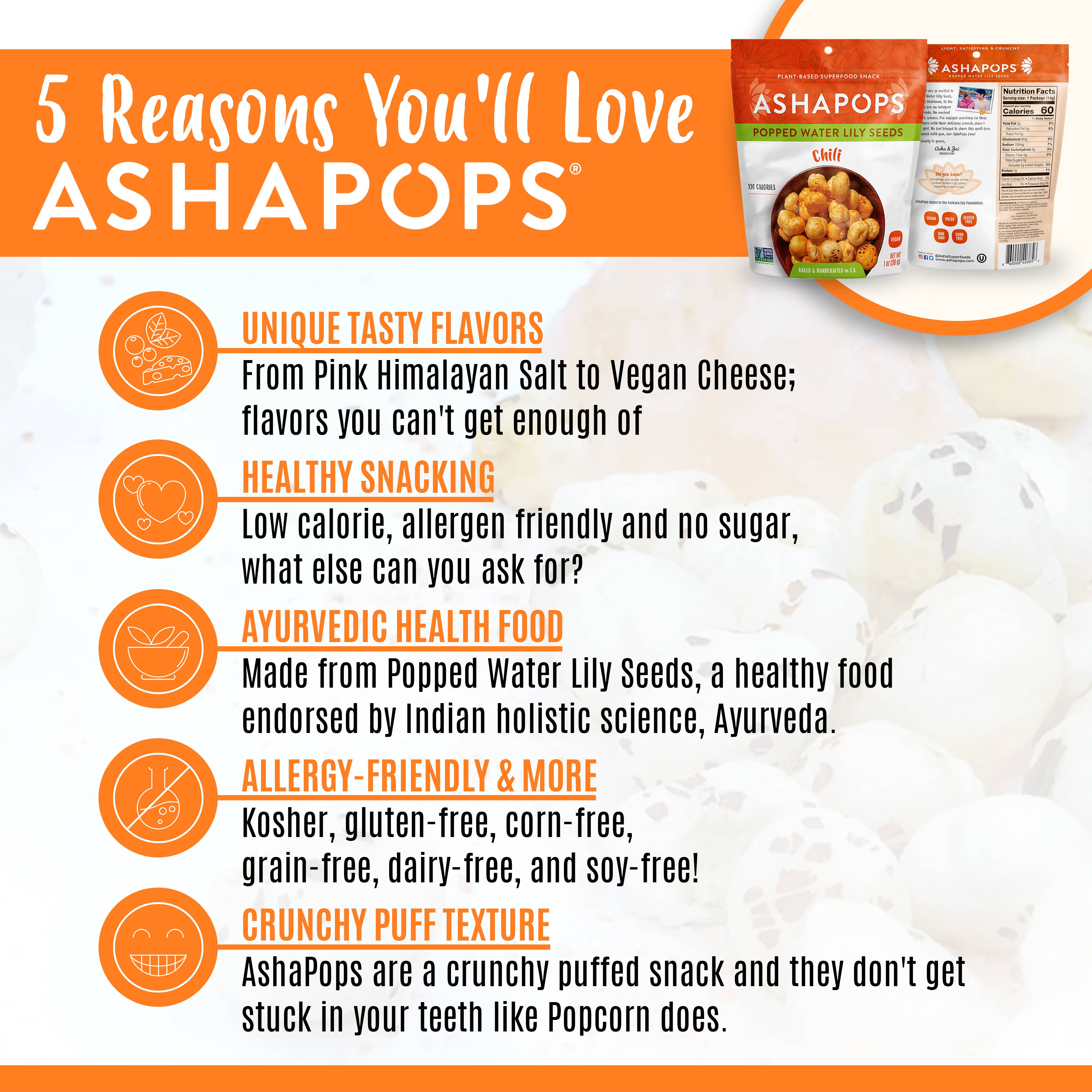 AshaPops - Wholesale Puffed Snack - 1oz Chili Lime - AshaPops Popped Water Lily Seeds2