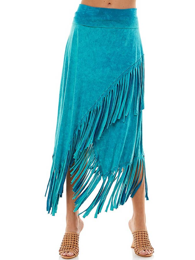 T-Party – wholesale Skirt – Women’s – Mineral Wash High Low Diagonal Fringe Foldover Waist Skirt1