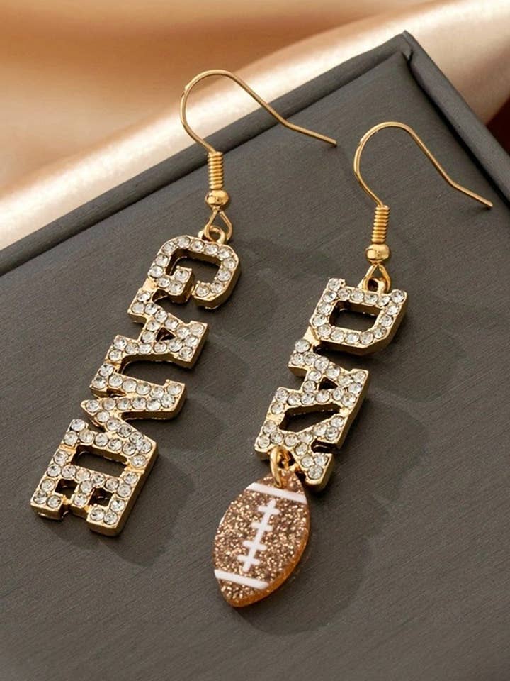 Gold GAME DAY Rugby Football Rhinestone Earrings for wholesale by Lovesoft