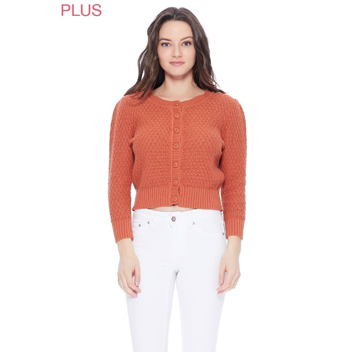 Mak - Vendita all'ingrosso Cardigan - Donna - Maglione cardigan plus size lavorato a maglia girocollo con maniche a 3/4 MK3514PL15