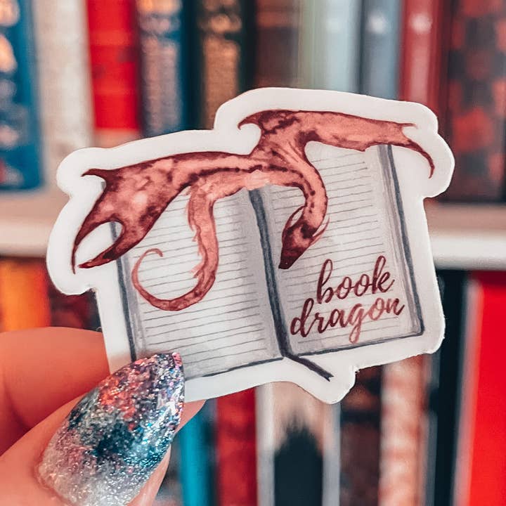 Red Book Dragon Watercolor Sticker, Vinyl Literary Decal for wholesale by Mirkwood Scribes