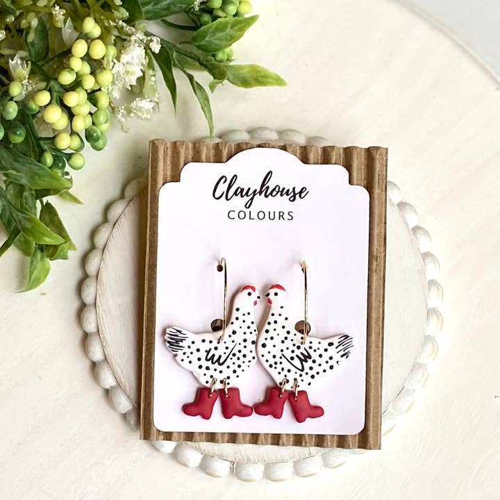 Clayhouse Colours - Wholesale Dangle Earrings - Chicken with Boots Hoops