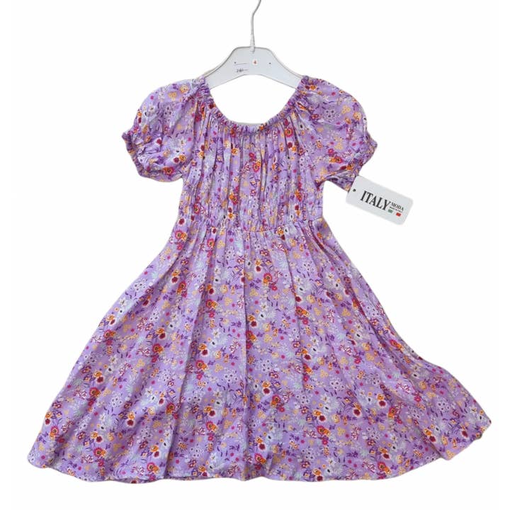 Abito bambina 4-14 anni in viscosa motivo floreale viola per la vendita all'ingrosso da parte di red white