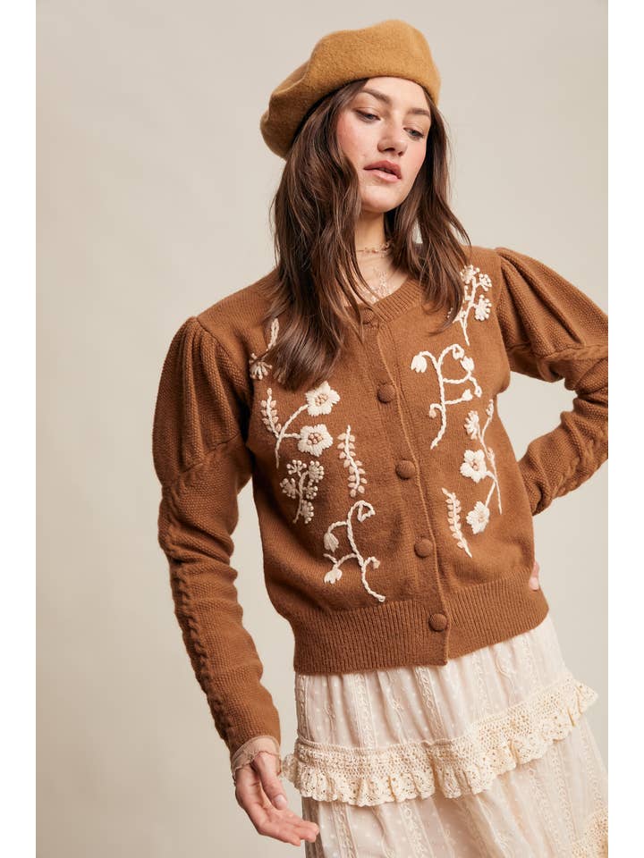 Listicle - Wholesale Cardigan – Women’s - Floral Embroidered Puff Sleeve Cardigan3
