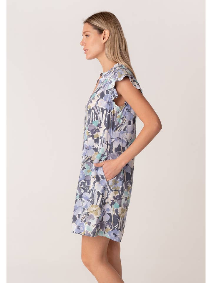 Dusty Lilac Dusty Teal Floral Flutter Sleeve Button Down Mini Dress for wholesale on Faire5