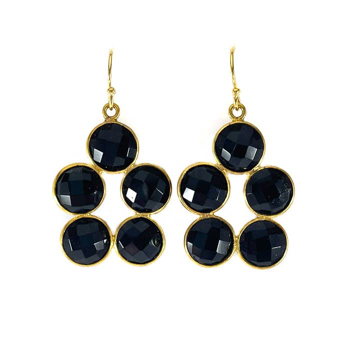 Black Onyx Cluster Drop Earrings – 14k Gold Filled Bezel Design – Handmade in Raleigh NC – 1.25" Gift-Boxed Jewelry for wholesale by CY Design Studio