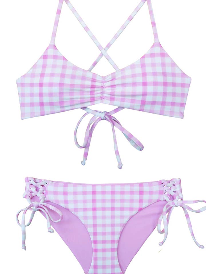Chance Loves - Wholesale Two Piece Swimsuit - Kids - GINGHAM PINK ~ Reversible 2-Piece Bralette Top + Side-Ties B