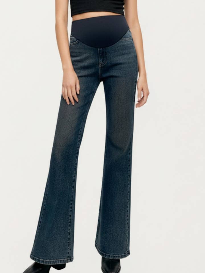 Maternity Full Panel Flare Jeans with Stretch Knit Belly Ban for wholesale by Anna Kaci Wholesale
