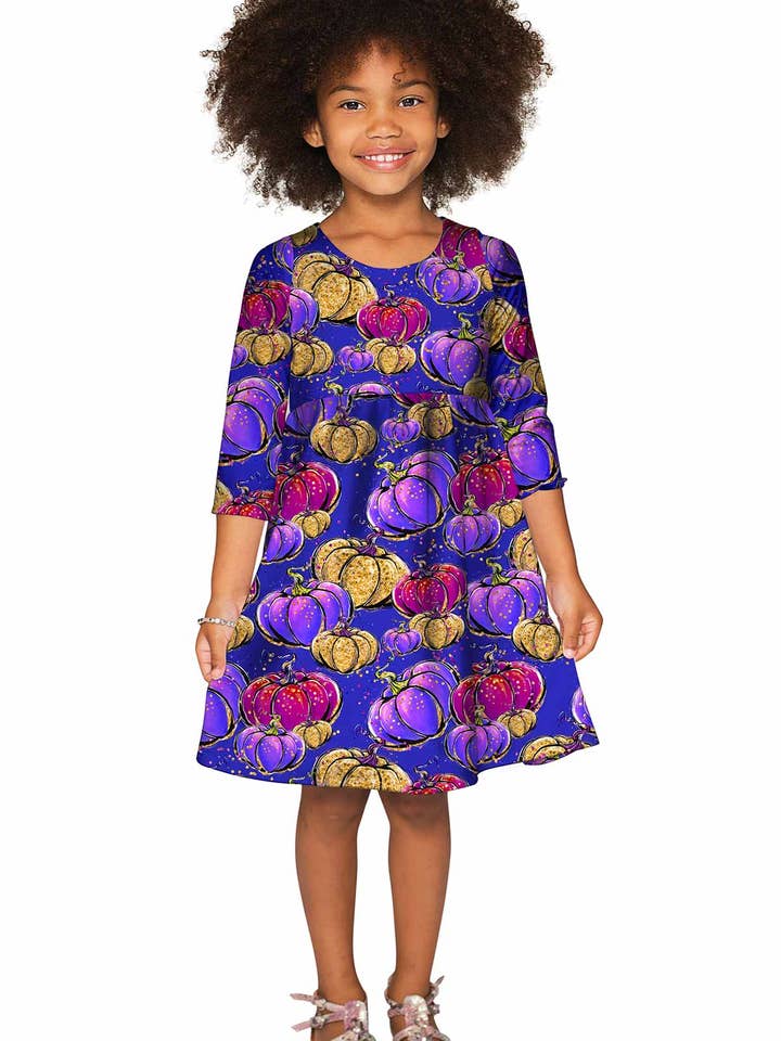 BOOtiful Pumpkin Gloria Cute Printed Empire Waist Party Dress - Girls for wholesale by Pineapple Clothing