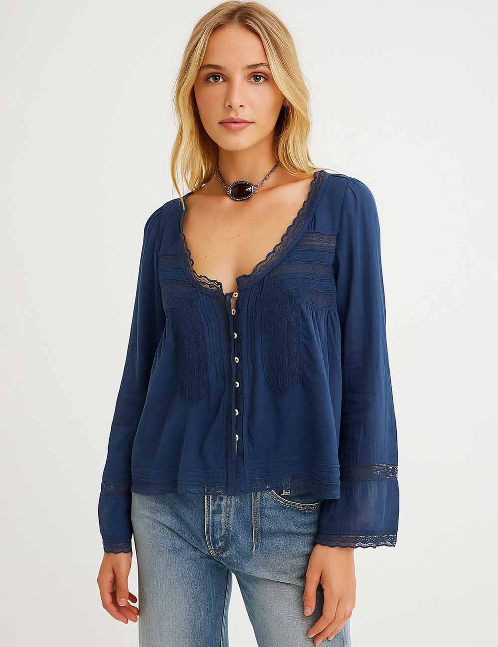 Sweetkama – wholesale Blouse – Women’s – Ladies U-Neck Lace Splice Hollow Out Blouse Top12