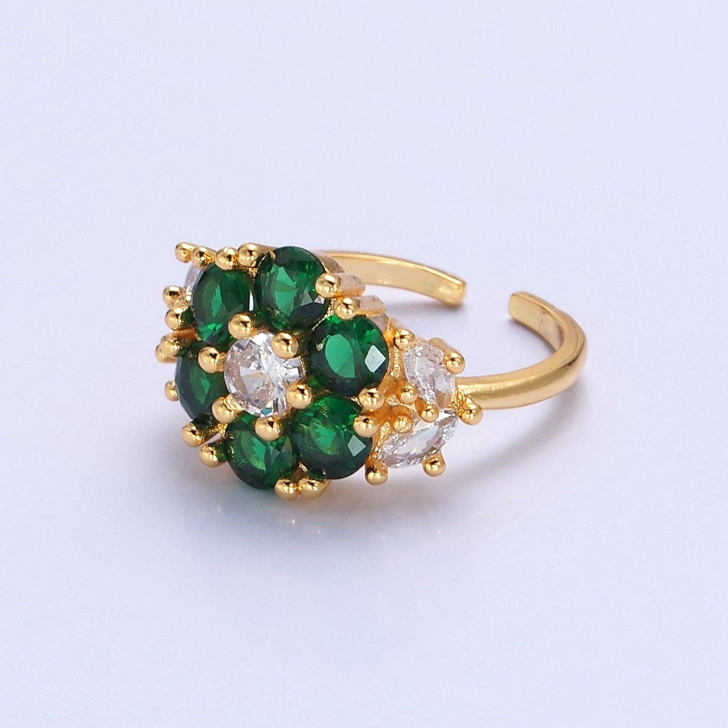 Wholesale Elegant Green & Clear CZ Crystal Flower Gold Open Wholesale Elegant Green & Clear CZ Crystal Flower Gold Open