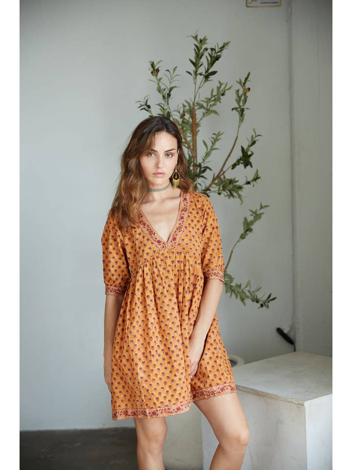 The Fox and The Mermaid - Wholesale Dress - Women's - Block Printed Cotton Mini-Dress (Maile Dress- Cayenne)3