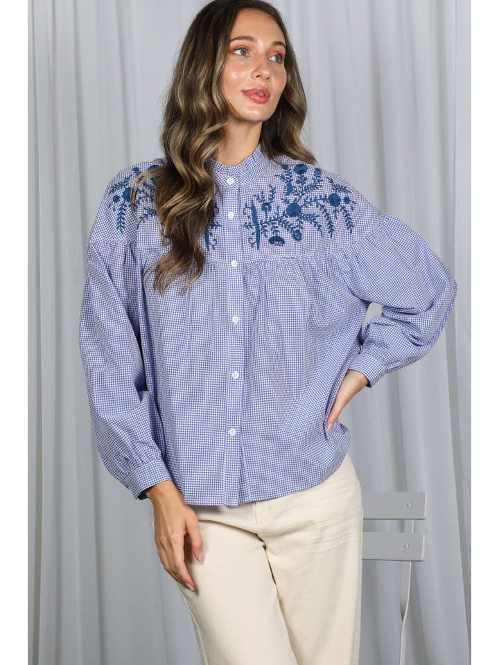Vine & Love - Wholesale Buttoned-down shirt – Women's - Ruffle Neck Floral Embroidered Gingham Blouse VT8286116