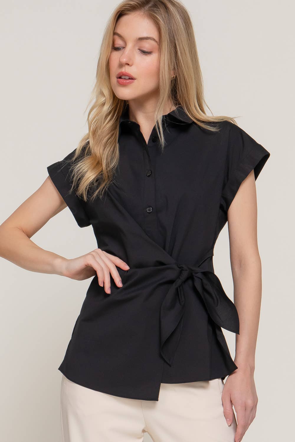 Active Basic | Active USA - Wholesale Button Down Shirt - Women's - Short Dolman Sleeve Button Down Side Knot Poplin Shirt0
