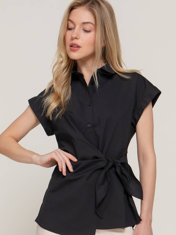 Active Basic | Active USA - Wholesale Button Down Shirt - Women's - Short Dolman Sleeve Button Down Side Knot Poplin Shirt0