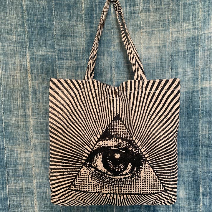 Borsa tote grande in tela con stampa serigrafica a mano Illuminati Eye per la vendita all'ingrosso da parte di Little Baby Kitty
