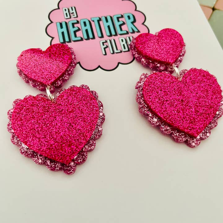 By Heather Filby - Wholesale Dangle Earrings - Frilly Double Heart Glitter Resin Earrings (More Colours)4