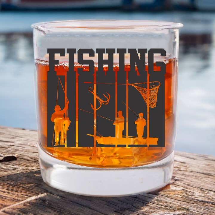 Fishing Whiskey Glass - Screen Printed - Fishing Silhouette for wholesale by Blue Ridge Mountain Gifts
