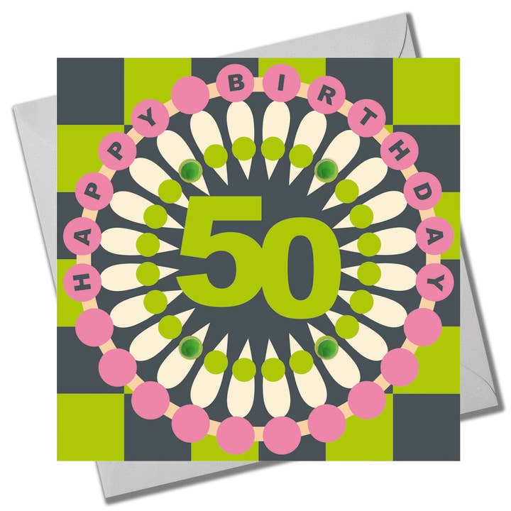 Birthday Card, Age 50 - Chequers, Happy 40th Birthday, Embellished with pompoms for wholesale by Claire Giles Ltd