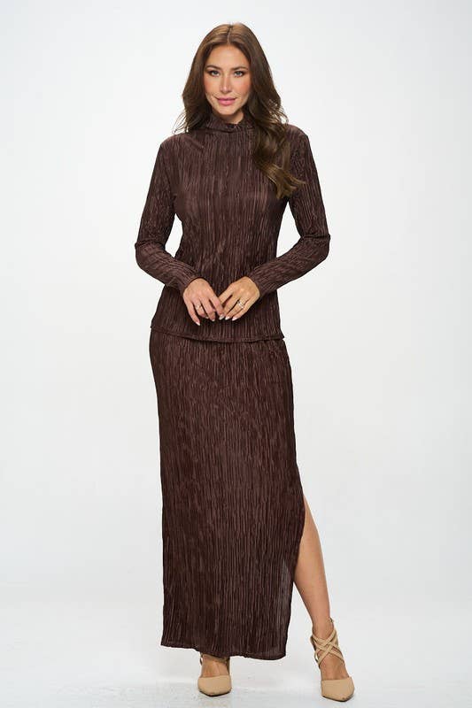 BROWN Made in USA Plisse Long Sleeve Mock Neck Top for wholesale on Faire4