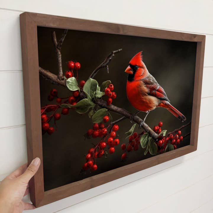 Hangout Home - Wholesale Art Print - Cardinal Berry Branch - Nature Canvas Art with Wood Frame2