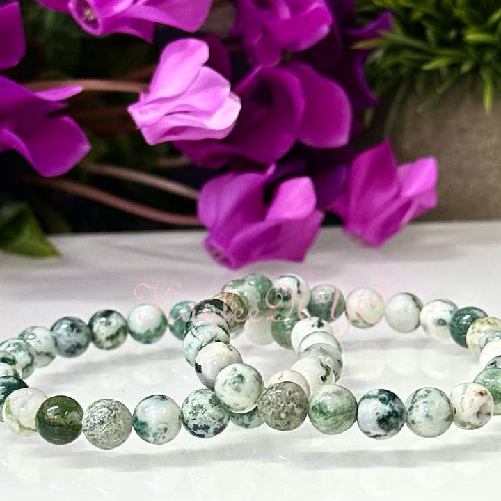 KayleeNYC - Wholesale Beaded Bracelet - Natural Tree Agate 8mm 7.5” Crystal Stretch Bracelet
