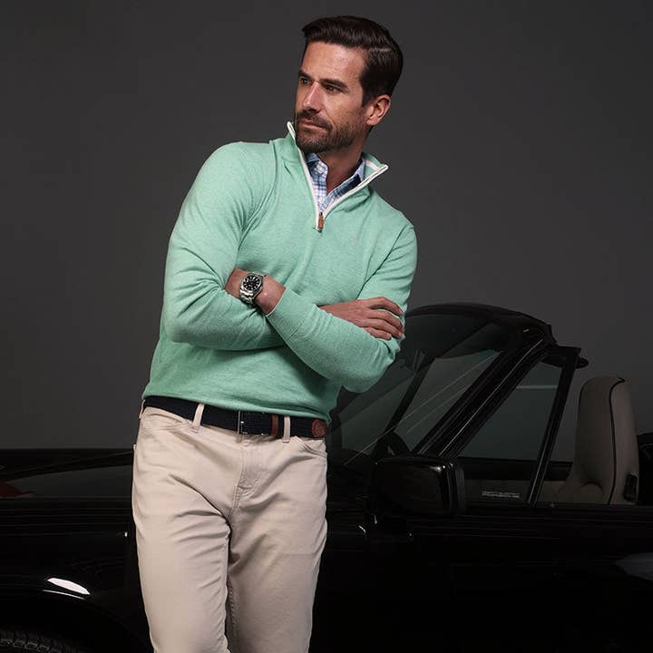 Collars & Co. - Wholesale Knit Sweater - Men's - Sea Green Luxury Touch Cotton Quarter Zip Sweater
