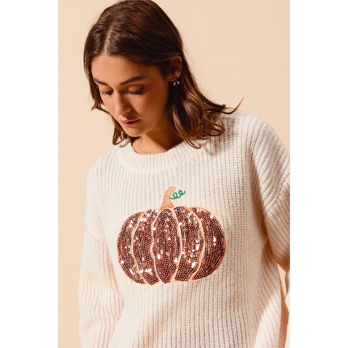 OATMEAL Sequin Pumpkin Halloween Thanksgiving Sweater Top for wholesale on Faire8