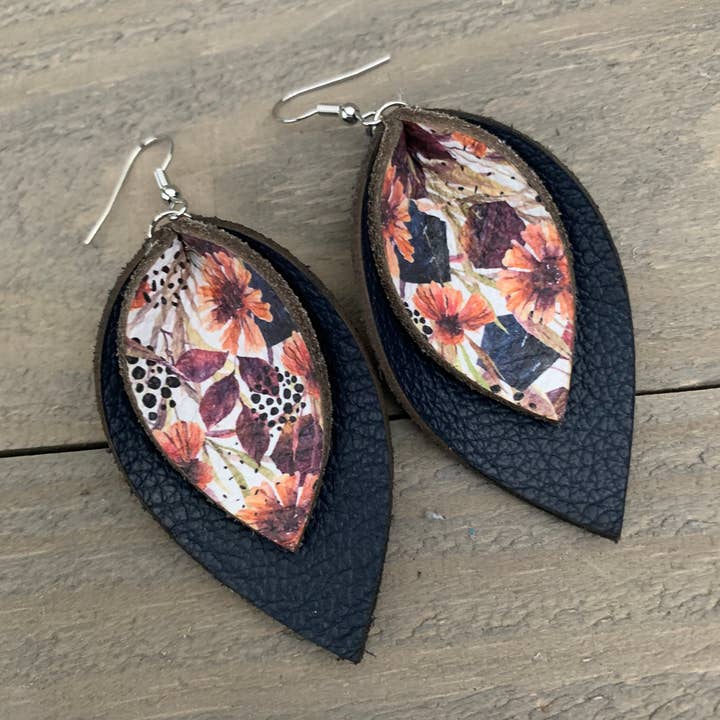 Jill's Jewels - Wholesale Dangle Earrings - Navy Fall Floral Double Layered Petal Leather Earrings2
