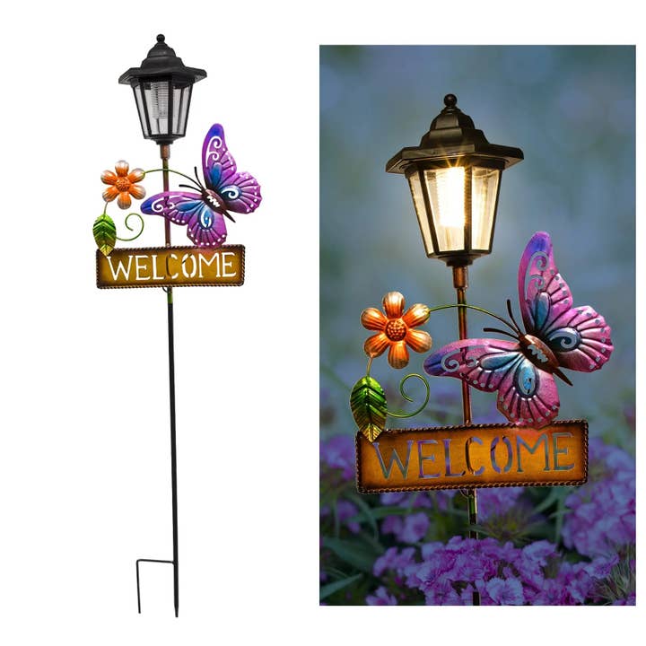 Butterfly Welcome Sign Solar Garden Stake for wholesale by Forever Gifts Inc.