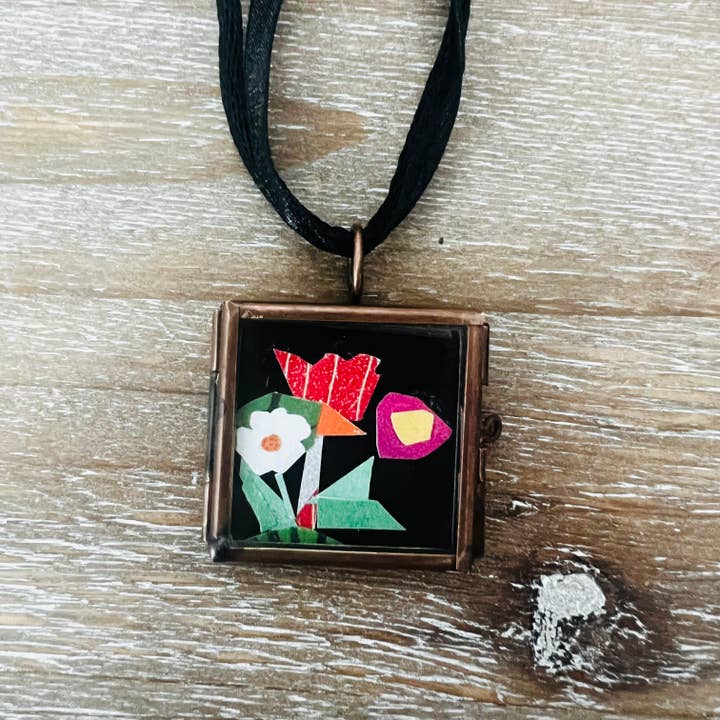 Mini Art Collage Pendant Necklace- Flora for wholesale by Keely Siebenthal Art & Designs